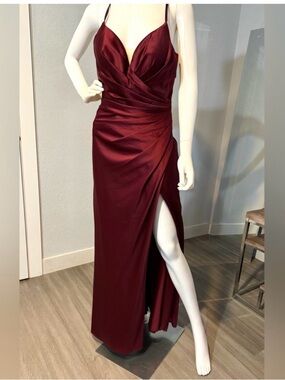 La Femme Burgundy Satin Strappy Back Formal Gown - Size 10 Like New